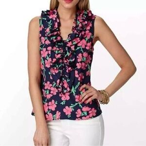 Lilly Pulitzer Allison Blouse XS Floral Ruffle Blue Pink Shirt